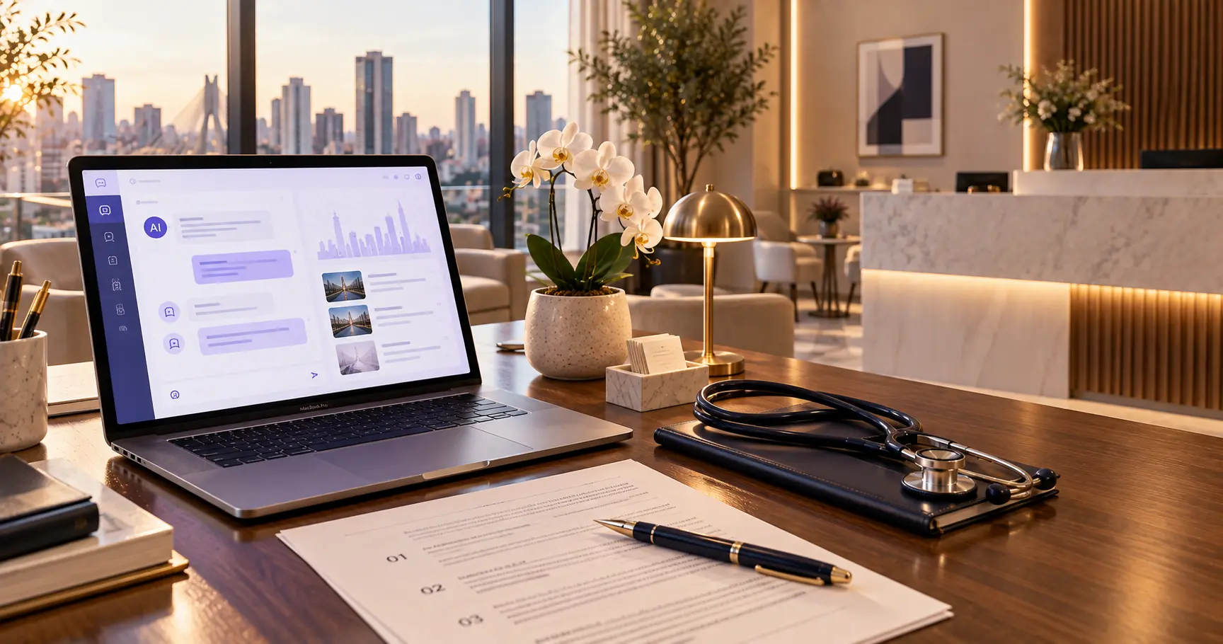 Mesa clean de clínica dermatológica em São Paulo com laptop aberto exibindo interface de busca por Inteligência Artificial, estetoscópio e documentos clínicos, representando a estratégia de GEO para dermatologistas aparecerem no ChatGPT e Gemini