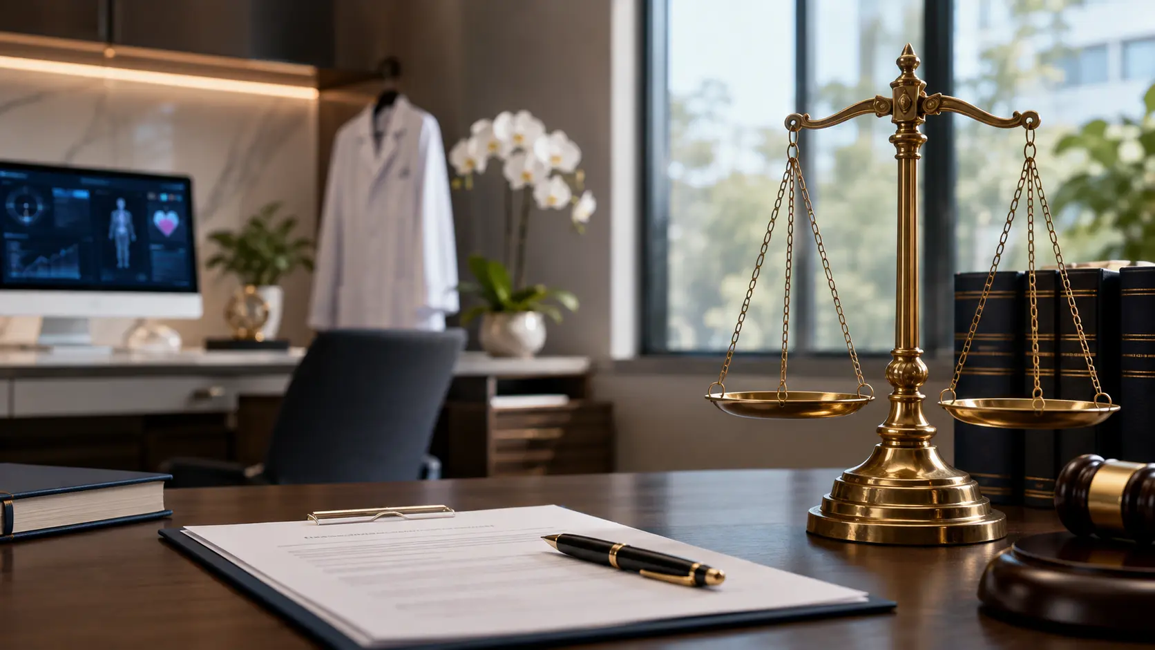 Balança da justiça em consultório médico simbolizando decisão judicial sobre harmonização facial