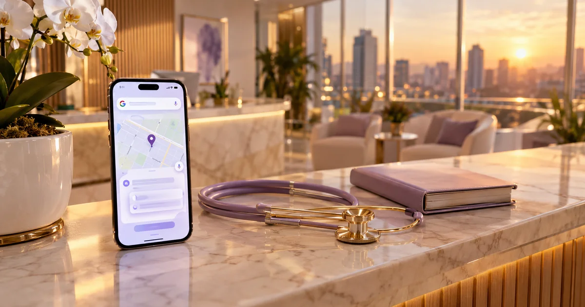 Smartphone com busca conversacional do Google e mapa com pin roxo sobre o balcão de uma clínica médica, ilustrando o Modo IA na busca local