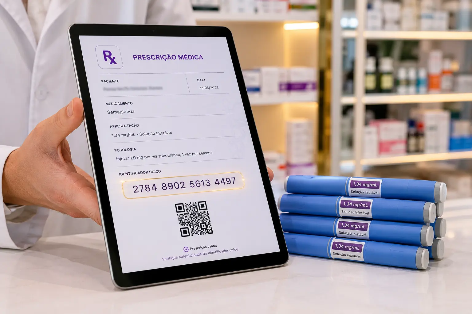 Farmacêutico segurando tablet com receita digital numerada pelo sistema SNCR da Anvisa ao lado de canetas emagrecedoras GLP-1 em balcão de farmácia