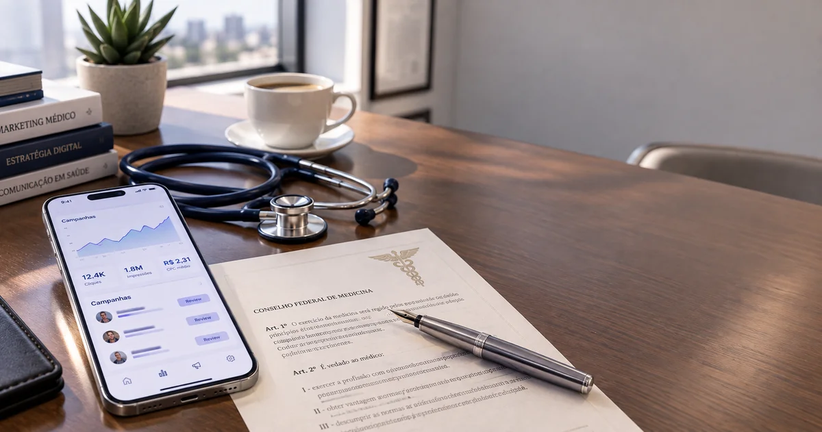 Tela de smartphone com painel do Gerenciador de Anúncios da Meta ao lado de documento com selo do Conselho Federal de Medicina, representando o cruzamento entre políticas de publicidade do Facebook e Instagram e as regras do CFM