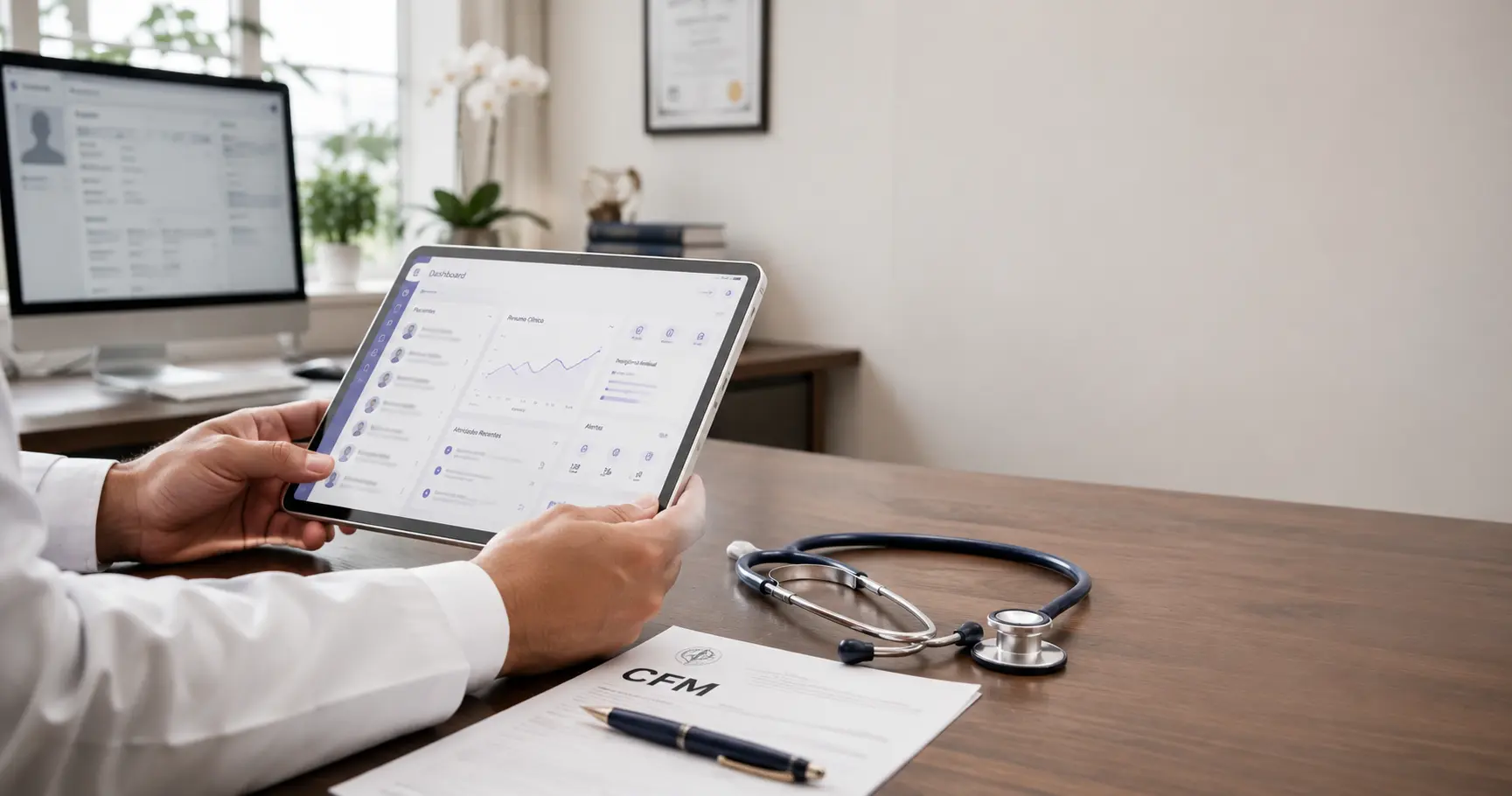 Estetoscópio azul-marinho entrelaçado com rede neural digital em lilás, simbolizando a regulamentação do uso de Inteligência Artificial na medicina pela Resolução CFM 2.454/2026