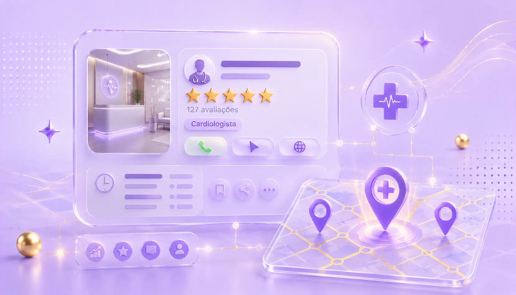 SEO Local para Médicos: guia completo 2026 com pin de localização, estetoscópio e mapa